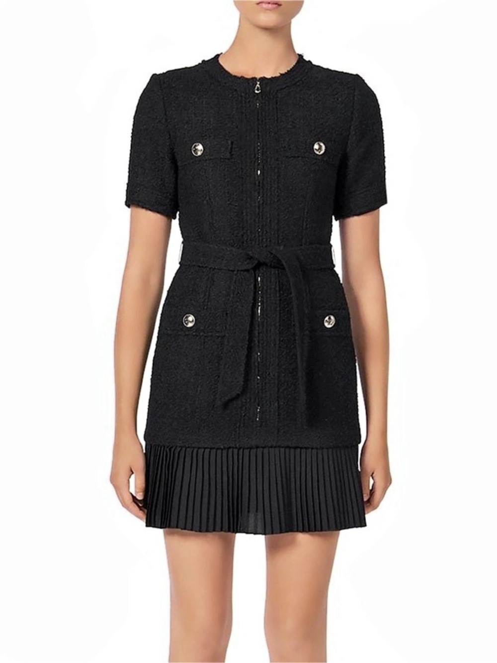 Sandro Joann Tweed Pleat Hem Dress Black Small/34